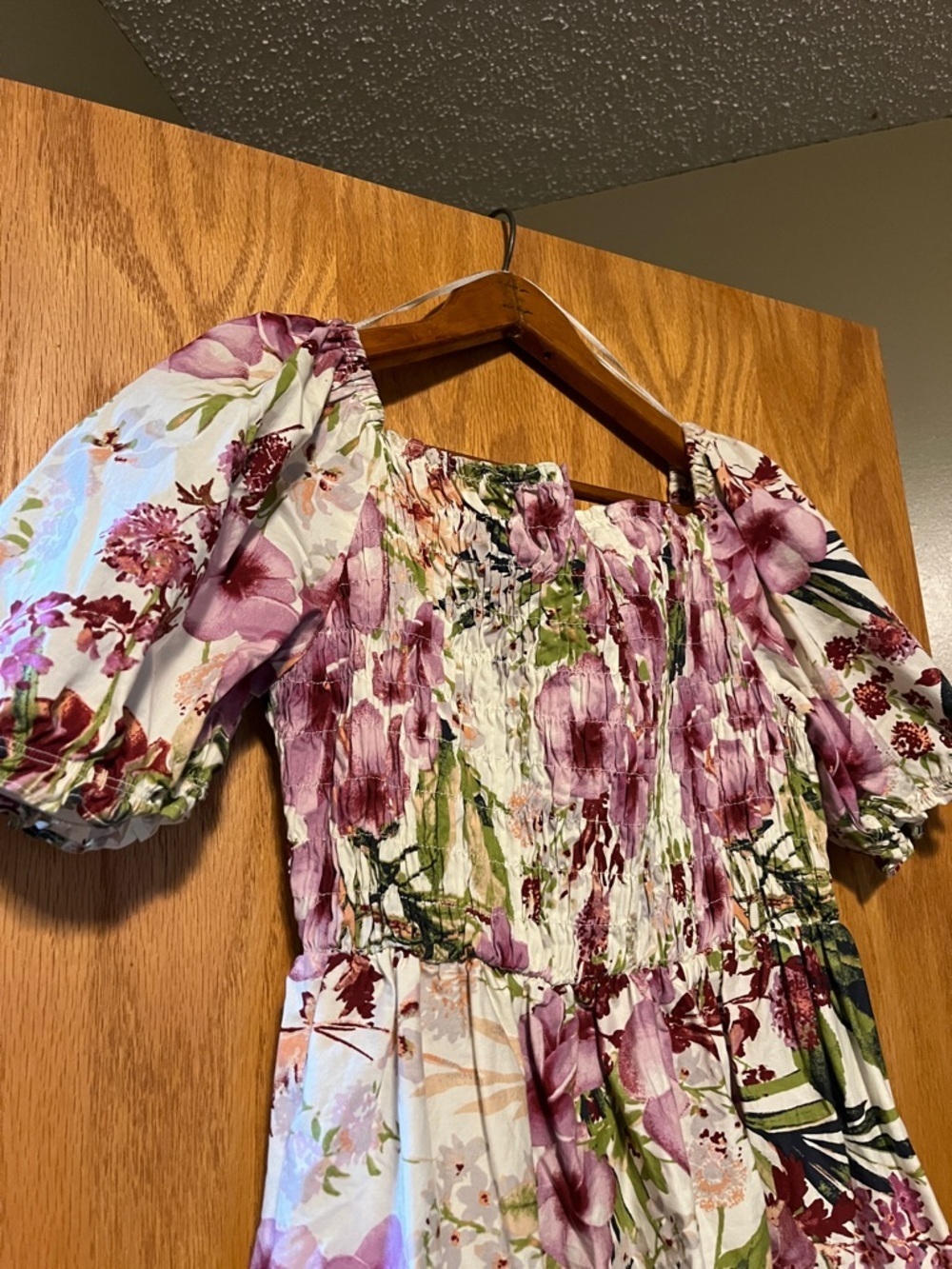 Maison Tara Purple & Green Floral Smocked Puff-Sleeve Dress - Picture 8 of 8